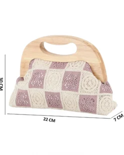 DIVAS - Borsa a mano ricamata nudo e panna con manico in legno