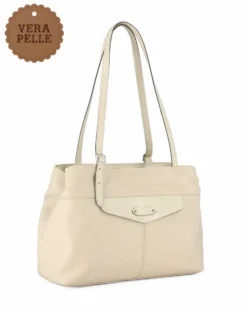 DIVAS - Borsa a spalla beige in VERA PELLE con manici regolabili, MADE IN ITALY