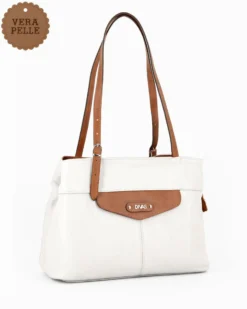 DIVAS - Borsa a spalla bianca in VERA PELLE con finiture cuoio e manici regolabili, MADE IN ITALY