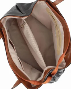 DIVAS - Borsa a spalla nera in VERA PELLE con finiture cuoio e manici regolabili, MADE IN ITALY