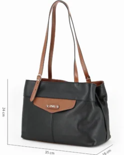 DIVAS - Borsa a spalla nera in VERA PELLE con finiture cuoio e manici regolabili, MADE IN ITALY