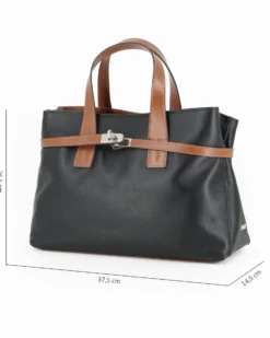 DIVAS - Borsa due manici nera in VERA PELLE con tracolla nastro - MADE IN ITALY