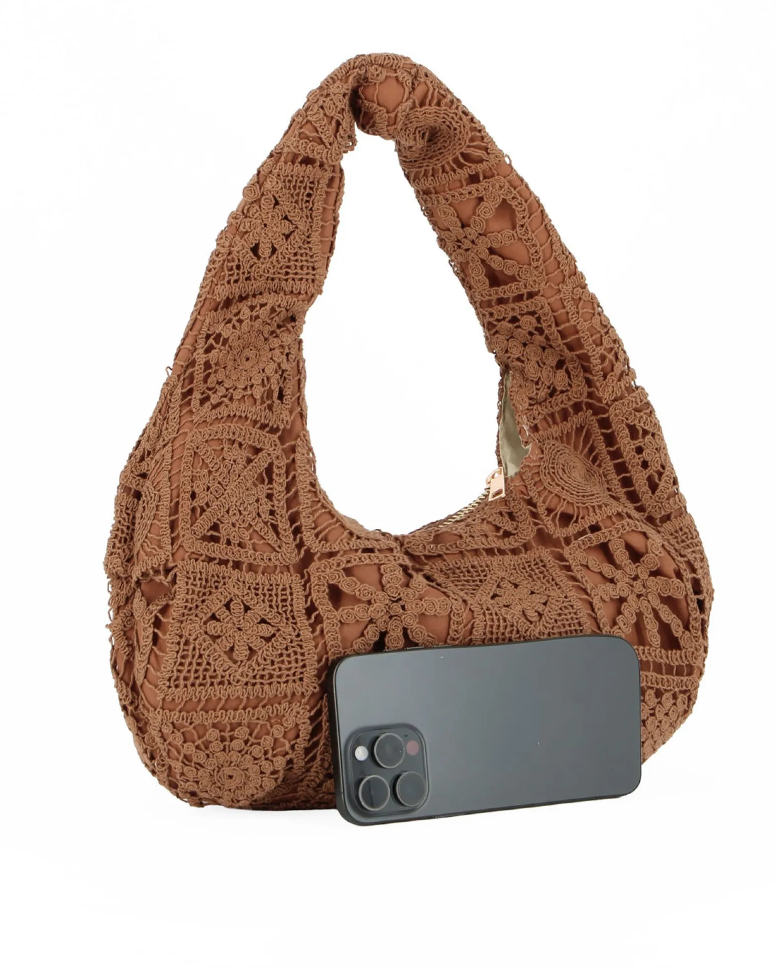 DIVAS - Borsa hobo in pizzo crochet marrone