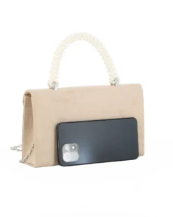 DIVAS - Borsa pochette beige scamosciata con manico perle