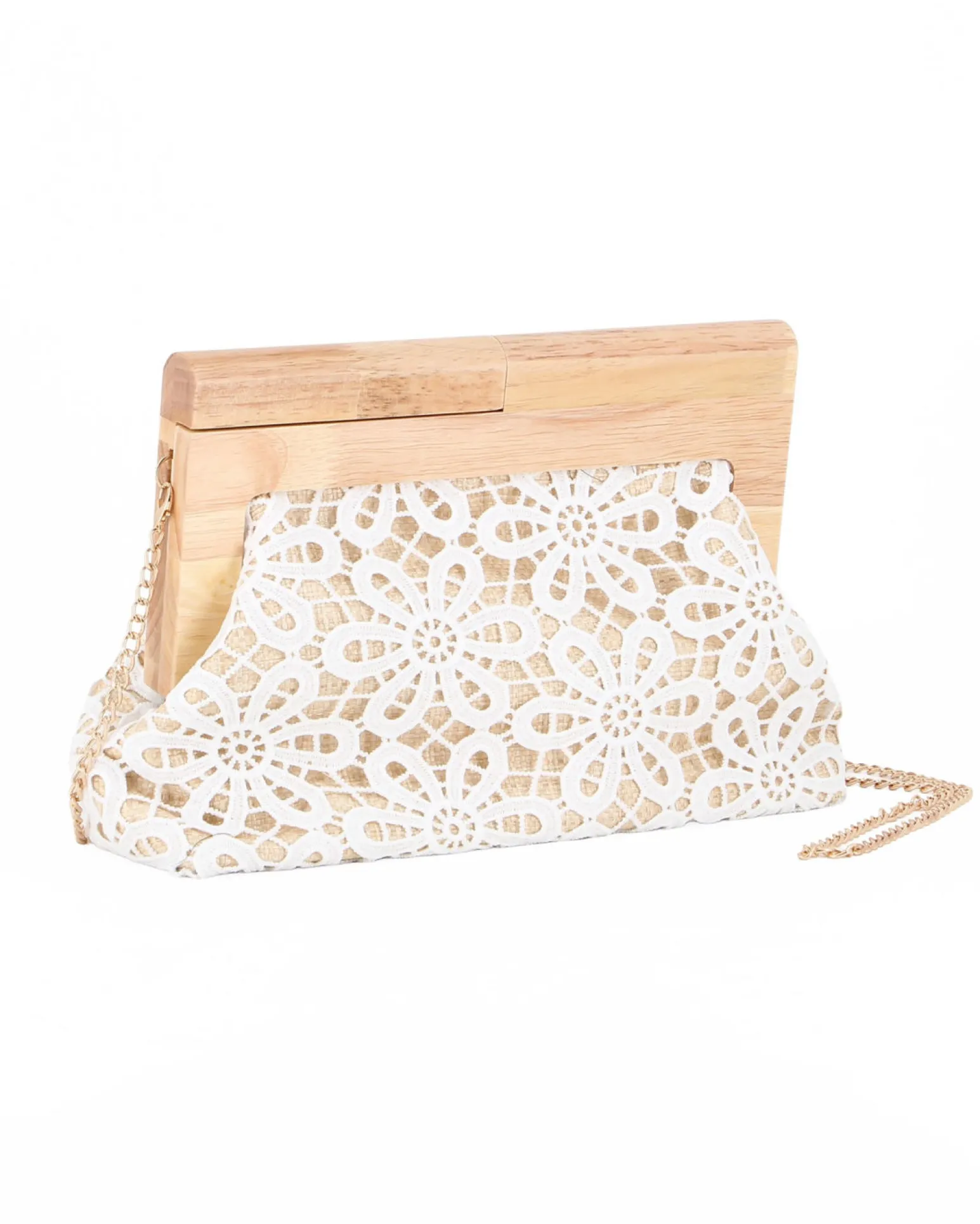DIVAS - Borsa pochette bianca ricamata con stecca in legno