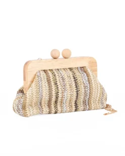 DIVAS - Borsa pochette in paglia multicolor beige con stecca in legno