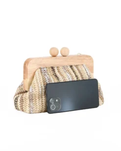 DIVAS - Borsa pochette in paglia multicolor beige con stecca in legno