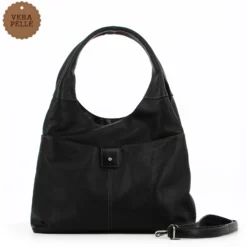 DIVAS - Borsa sacca nera in VERA PELLE con tasca frontale, tracolla removibile - MADE IN ITALY