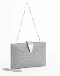 DIVAS - Clutch argento in lurex con dettaglio clip a foglia, tracolla remoovibile