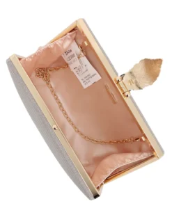 DIVAS - Clutch champagne in lurex con dettaglio clip a foglia, tracolla remoovibile