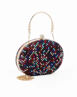 DIVAS - Clutch nera con strass multicolor e pomello strass, tracolla e manico removibili