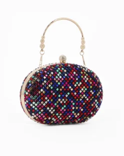DIVAS - Clutch nera con strass multicolor e pomello strass, tracolla e manico removibili