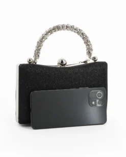DIVAS - Clutch nera in lurex con manico gioiello
