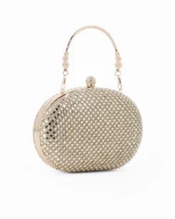 DIVAS - Clutch oro con strass  e pomello strass, tracolla e manico removibili