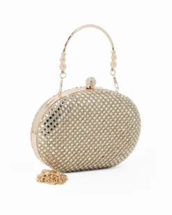 DIVAS - Clutch oro con strass  e pomello strass, tracolla e manico removibili