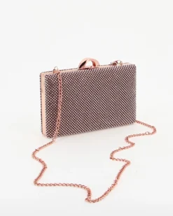 DIVAS - Clutch rosegold rigida con strass e tracolla catenina removibile