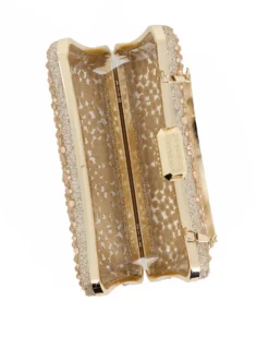 DIVAS - Clutch trasparente con strass oro, tracolla e manico removibili
