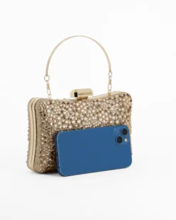 DIVAS - Clutch trasparente con strass oro, tracolla e manico removibili