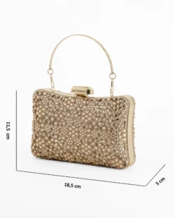 DIVAS - Clutch trasparente con strass oro, tracolla e manico removibili