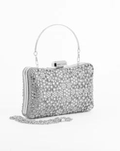 DIVAS - Clutch trasparente con strass argento, tracolla e manico removibili