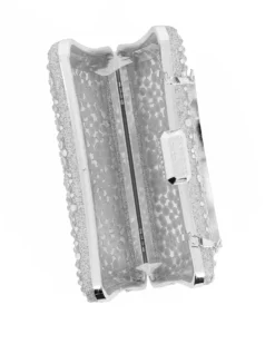 DIVAS - Clutch trasparente con strass argento, tracolla e manico removibili