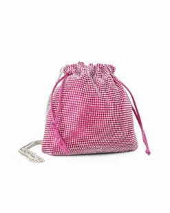 DIVAS - Minibag a sacchetto fuxia rivestita di strass con coulisse
