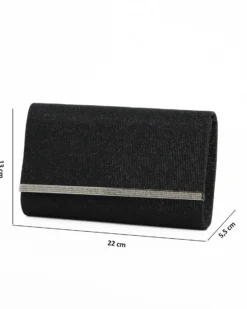 DIVAS - Pochette nera glitterata con filo di strass sulla patta, tracolla removibile