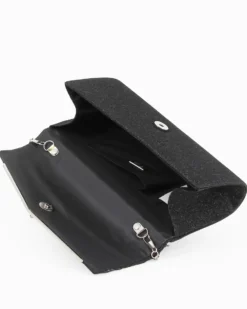 DIVAS - Pochette nera glitterata con patta dettaglio strass
