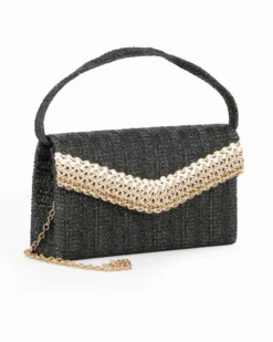 DIVAS - Pochette nera in paglia con patta, manico e catenina removibili