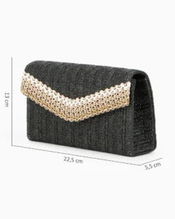 DIVAS - Pochette nera in paglia con patta, manico e catenina removibili