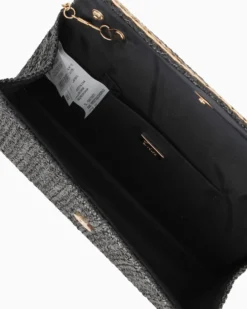 DIVAS - Pochette nera in paglia con patta, manico e catenina removibili