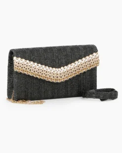 DIVAS - Pochette nera in paglia con patta, manico e catenina removibili
