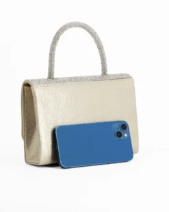DIVAS - Pochette oro con patta e manico in strass, tracolla removibile