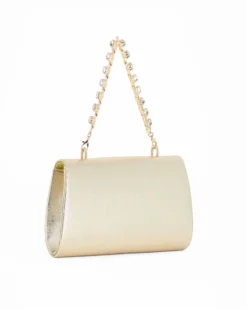 DIVAS - Pochette oro effetto pitonato con patta e manico gioiello, tracolla removibile