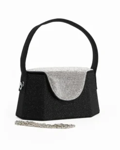 DIVAS - Pochette rigida nera in lurex con patta strass, tracolla removibile
