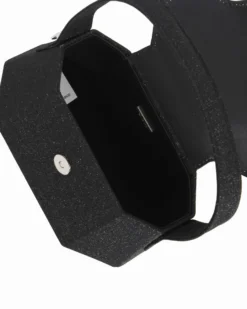 DIVAS - Pochette rigida nera in lurex con patta strass, tracolla removibile