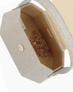 DIVAS - Pochette rigida oro in lurex con patta strass, tracolla removibile