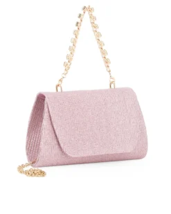 DIVAS - Pochette rosa in lurex con patta e manico gioiello, tracolla removibile