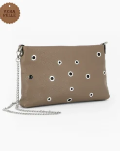 DIVAS - Tracolla taupe in VERA PELLE con occhielli