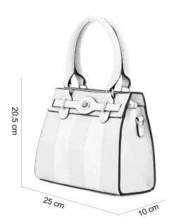 ENRICO COLLEZIONE - Borsa due manici bianca con cuciture verticali e cinturino con girello, tracolla removibile