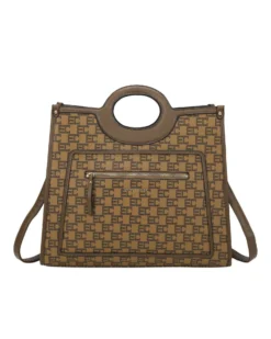 ENRICO COVERI - Borsa a mano taupe loggata con tasca frontale e posteriore, tracolla removibile