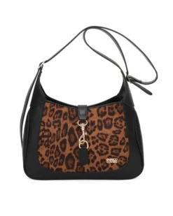 ENRICO COVERI - Borsa a spalla leopardata con pattina con moschettone, prolunga manico removibile