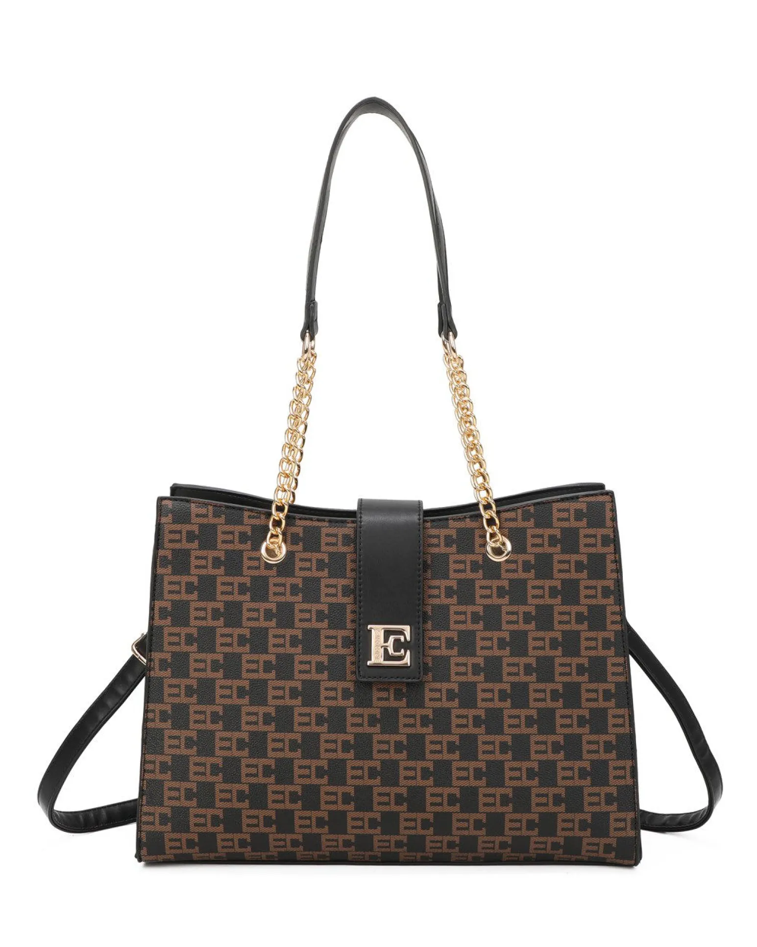 ENRICO COVERI - Borsa shopping nera loggata con pattina e tasca posteriore, tracolla removibile