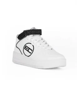 ENRICO COVERI SPORTSWEAR - Sneakers bianca alta con strappo e patch posteriore neri glitterati