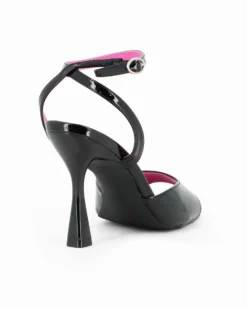 GLOBO ROSA - Sandalo nero in vernice con interno a contrasto fucsia e sottopiede in memory foam, tacco 9,5CM