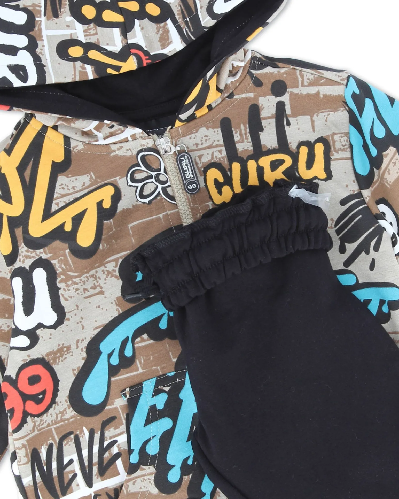 GURU - COMPLETO TUTA BAMBINO FELPA PANNA STAMPA GRAFFITI CON ZIP E CAPPUCCIO