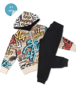 GURU - COMPLETO TUTA BAMBINO FELPA PANNA STAMPA GRAFFITI CON ZIP E CAPPUCCIO