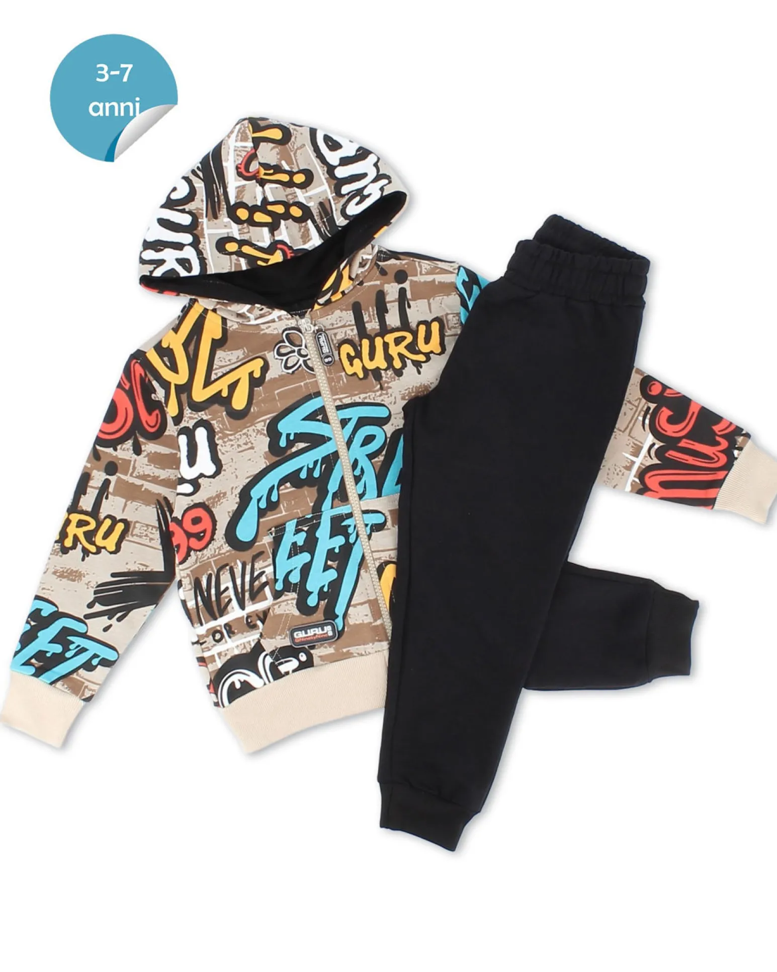 GURU - COMPLETO TUTA BAMBINO FELPA PANNA STAMPA GRAFFITI CON ZIP E CAPPUCCIO