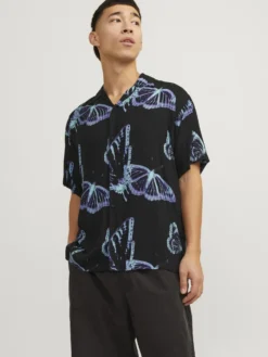 JACK&JONES CAMICIA HAWAIANA NERA DA UOMO STAMPA FARFALLE