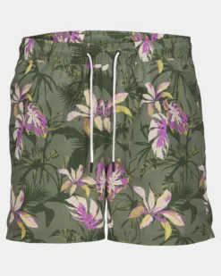 JACK&JONES - Costume da bagno verde con trama floreale e tasche